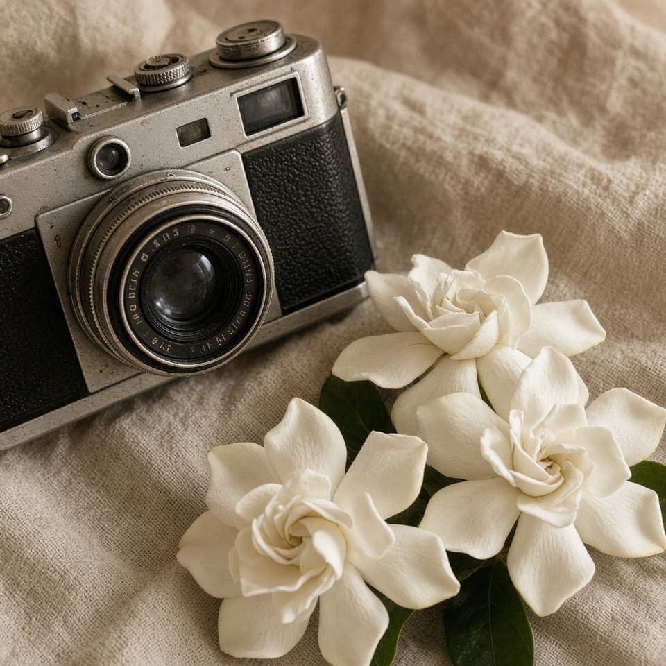 Camera and white gardenias on linen