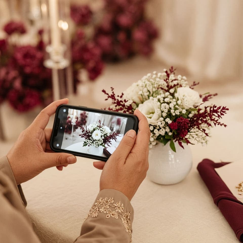 Guest photographing wedding flowers on a phone